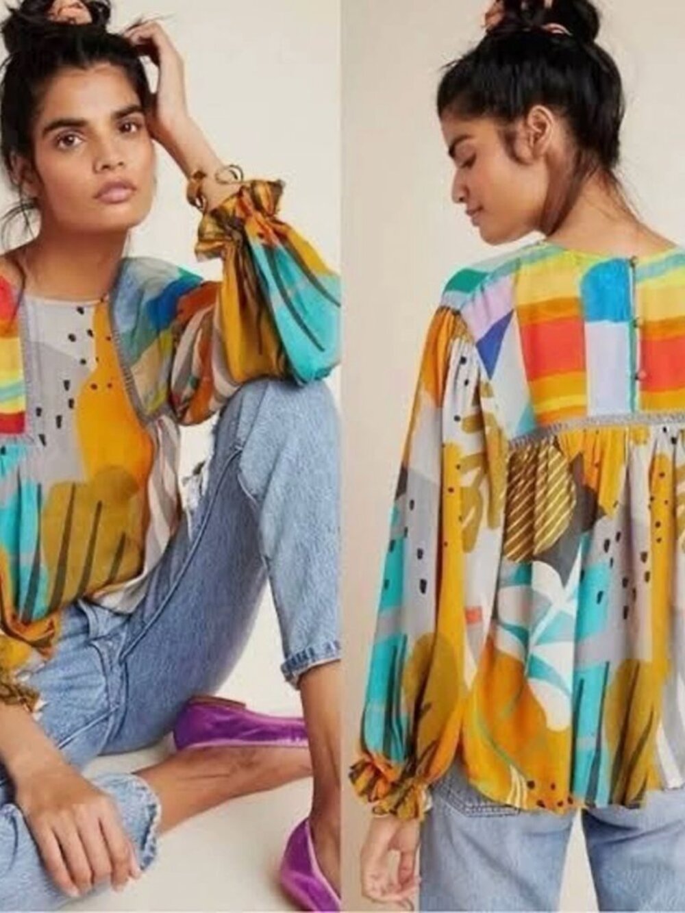 Anthropologie Bl^nk London Miranda Plant Print Peasant Top Blouse Petite Small - Picture 2 of 10